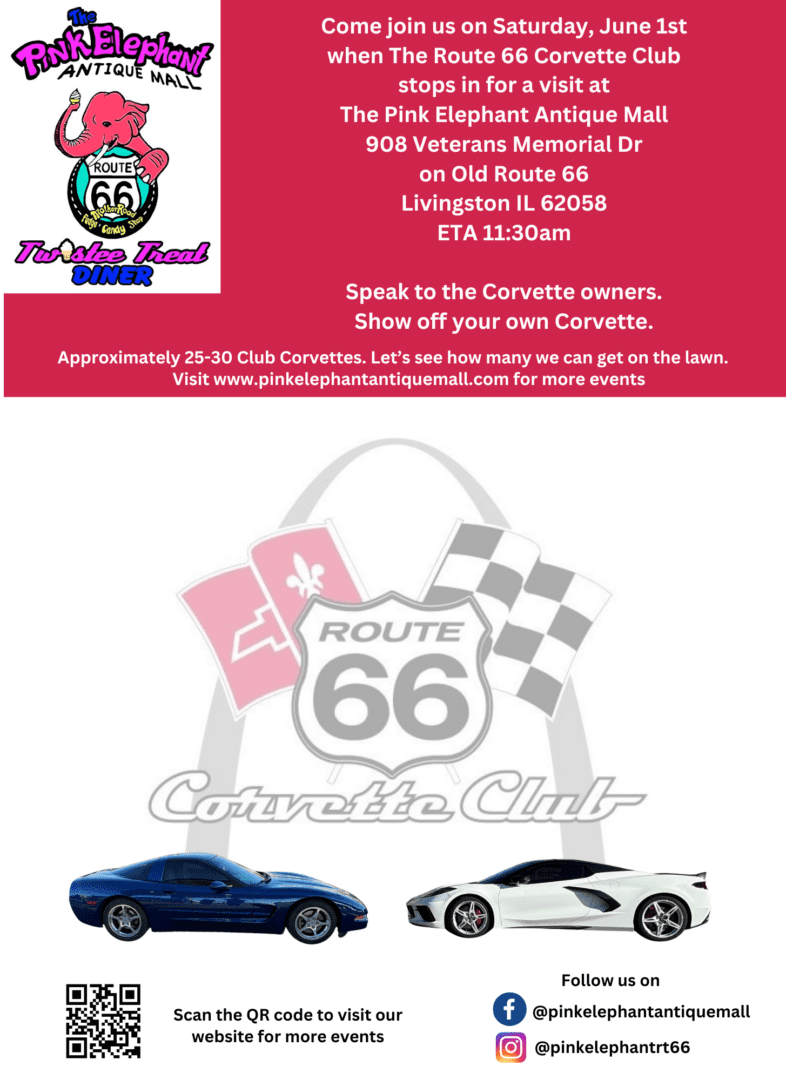 Route 66 Corvette Club Drop In at Pink Elephant Antique Mall | Illinois Route  66 Scenic Byway